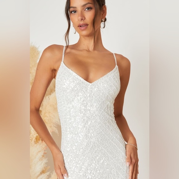 NWOT Lulus Adoring Devotion White Mesh Beaded Sequin Mermaid Maxi Dress - Picture 4 of 7